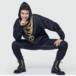 Moschino x H&M black hoodie with gold chain appliqué and embroidered logo medium